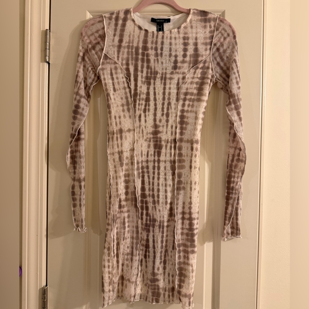 Neutral Tie-Dye Long Sleeve Mini Dress